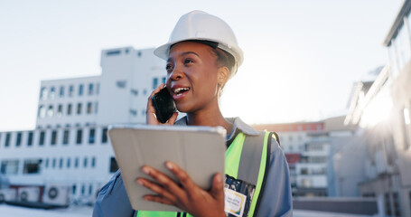 Poster - Tablet, phone call and construction woman on site with communication for contract city planning. Digital technology, industry and civil engineer worker with mobile discussion for renovation approval