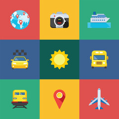 Flat hand drawn vector travel icon set.