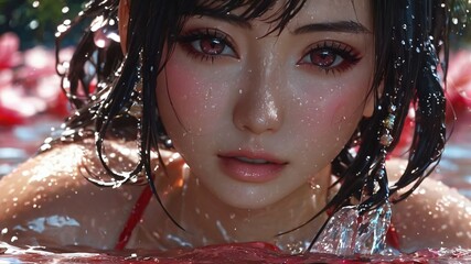 semi realistic artwork close up beautiful japanese or asian women under the rains and snow with cool background