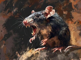 A close-up, digital painting of a fierce, snarling rat with sharp teeth and pink nose.