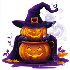 Sticker - Halloween Witch with Pumpkin Cauldron and Steam