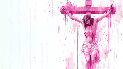 Pink watercolor painting of Crucifixion of Jesus Christ