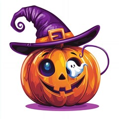 Canvas Print - Smiling Jack-o'-Lantern in Witch's Hat with Ghost