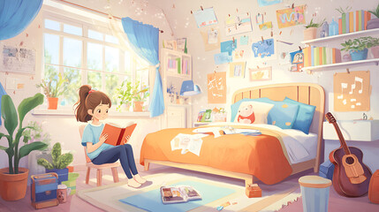 Wall Mural - Cozy Bedroom with a Girl Reading a Book - Perfect for Relaxation and Comfort