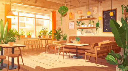 Wall Mural - Cozy Cafe Interior with Sunlit Windows, Perfect for Coffee and Conversation