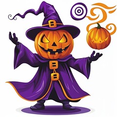 Canvas Print - Funny Pumpkin Wizard Cartoon Character Halloween Illustration