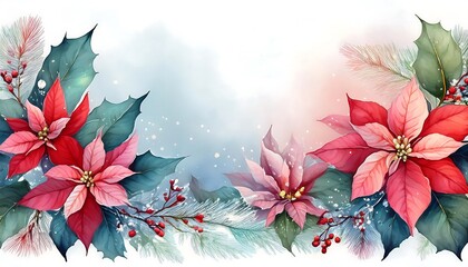 Wall Mural - Winter watercolor frame poster with accents like poinsettias, frosted leaves, and subtle snowfall effects. Copy space. Graphic art illustration