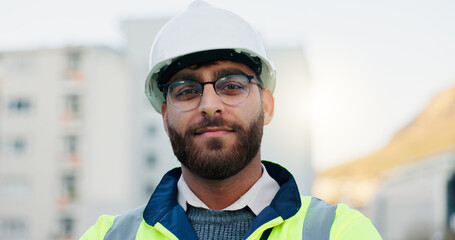 Canvas Print - Construction worker, rooftop and portrait of man with architecture and urban planning with confidence outdoor. Architect, civil engineering and job in city with quality assurance work in Brazil