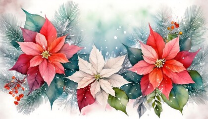 Wall Mural - Winter watercolor frame poster with accents like poinsettias, frosted leaves, and subtle snowfall effects. Copy space. Graphic art illustration background