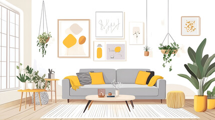 Wall Mural - Modern Living Room Decor with Yellow Accents and Plants