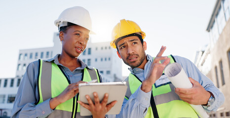 Poster - Tablet, blueprint and construction team on rooftop site for city planning, renovation or building project. Digital technology, architecture and industrial employees with maintenance check in town.