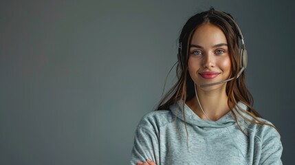 Young woman with a headset, against a neutral gray background, highlighting themes of customer service and support roles..