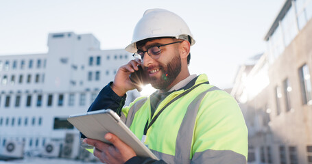 Poster - Phone call, tablet and construction engineer on site with communication for contract city talk. Digital technology, industry and civil worker man with blueprint planning for renovation approval
