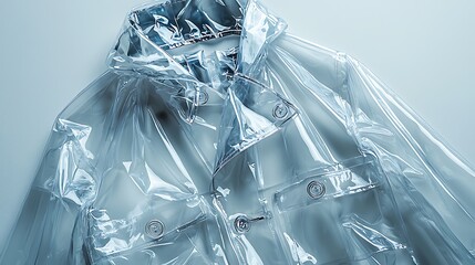 A transparent raincoat with buttons shown up close, capturing the sleek simplicity of its design.