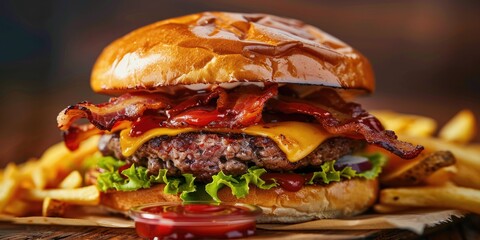 Sticker - Classic comfort food Delectable cheeseburger with crispy bacon melted cheddar thick beef patty steak fries and ketchup dip