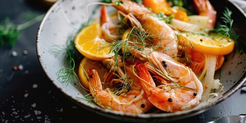 Wall Mural - Salad with Fennel Orange and Shrimp on a White Table