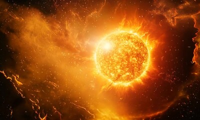 Wall Mural - A brilliant, fiery sun emits intense light and heat in the vastness of space