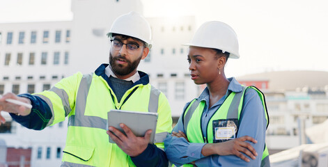 Poster - Business people, architect and planning construction with tablet on rooftop for building maintenance in city. Contractors, colleagues or civil engineers with technology for infrastructure in town