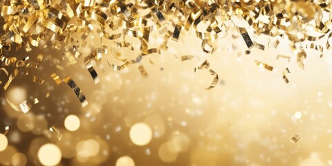 Golden confetti falling against a soft, sparkling background, celebrating a festive event.