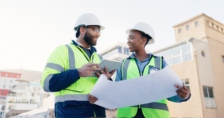Aufkleber - Business people, civil engineer and team with blueprint for architecture, planning or building maintenance in city. Contractor, architect or colleagues with technology or document for construction