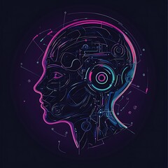 Fototapete - Abstract Digital Portrait with Neon Lines and Circuits