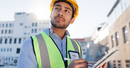 Poster - Tablet, thinking and construction man on site with communication for contract city planning. Digital technology, industry and civil engineer worker with blueprint notes for renovation approval