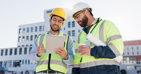 Poster - Businessman, team and civil engineer with tablet for construction, architecture or planning in city. Men, architect or colleagues with blueprint, helmet and technology for building maintenance ideas