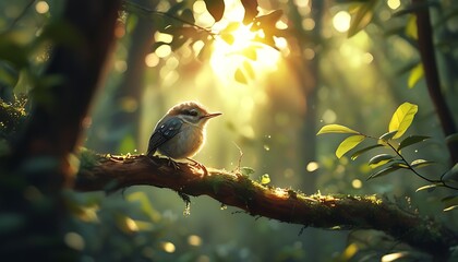 Wall Mural - In the dense woods, a lifelike little animal lives on a branch. The sun shines on it through the gaps in the leaves. The surrounding environment is naturally beautiful and full of vitality.