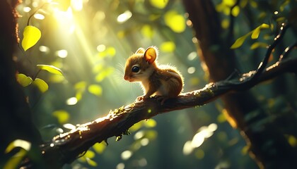 Wall Mural - In the dense woods, a lifelike little animal lives on a branch. The sun shines on it through the gaps in the leaves. The surrounding environment is naturally beautiful and full of vitality.