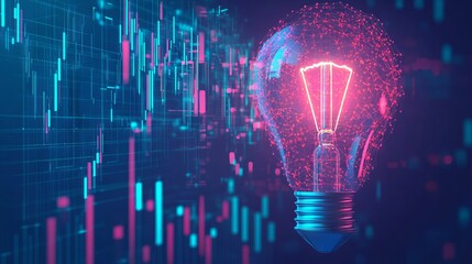 Poster - vector illustration 3d low poly stock market candlestick inside a digital light bulb. economics or f