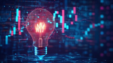 Poster - vector illustration 3d low poly stock market candlestick inside a digital light bulb. economics or f
