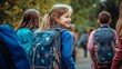 © Cosmic Edge - Kids walking to school with their backpacks, smiling and chatting with friends, new school year, education concept