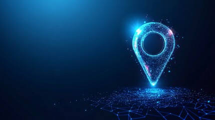 Abstract location pin. Digital gps light icon. Low poly wireframe vector illustration in futuristic hologram style on blue technology background. Travel and tourism locate concept with 3D effect. 