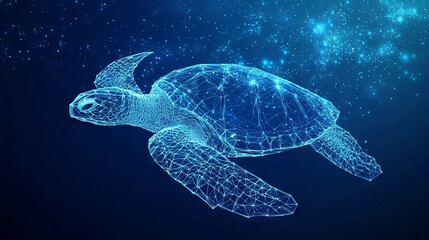 Wall Mural - Abstract swimming sea turtle in polygons on technology blue background. Low poly wire frame marine life concept. Polygonal 3D vector illustration.