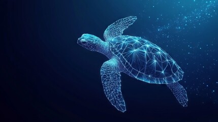 Wall Mural - Abstract swimming sea turtle in polygons on technology blue background. Low poly wire frame marine life concept. Polygonal 3D vector illustration.