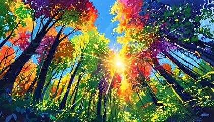 Wall Mural - The colorful forest is intertwined with the clear sky, and the sun shines through the leaves, showing the vitality and vitality of nature.