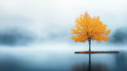 autumn landscape with fog tree on water lake misty foggy