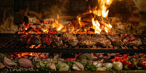 Canvas Print - Meat peppers and onions roasting on a traditional Uruguayan parrilla grill with firewood and flames in a restaurant kitchen