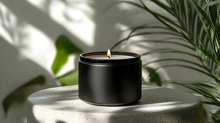 Wall Mural - A black candle burning in a minimalist setting on a textured surface.