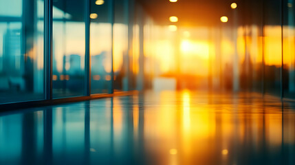 Canvas Print - A blurred view of a modern office building interior with warm, sunset light reflecting off the polished floor.