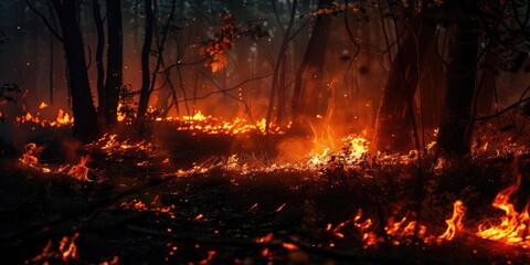 Poster - Burning night forest with ignited grass and trees