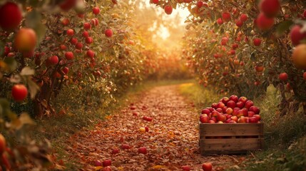 A picturesque apple orchard scene at sunset, where the warm, golden light of the setting sun creates a peaceful, inviting atmosphere. The apple trees are heavy with fruit, their branches bending