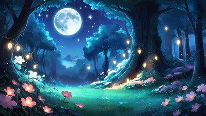 Anime Nature Wallpaper, Magical Forest at Midnight with Glowing Flowers, Fairy lights, Ethereal Moon, Cosmos lighting with Stars, Girl. AI Generative