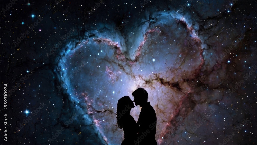 An ethereal scene of two lovers embracing in space, surrounded by ...