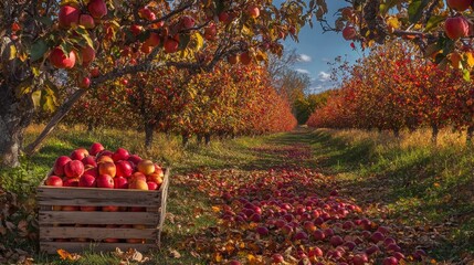 Sticker - A vibrant apple orchard scene at midday, where the bright sunlight highlights the rich colors of the season. The apple trees are heavy with fruit, their branches bending under the weight of ripe, red