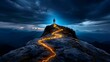 © Thaweechai - Overwhelming sense of purpose a figure stands on the peak of a mountain gazing out at a vast horizon their stance strong and determined as a glowing path forms before them symbolizing a newfound