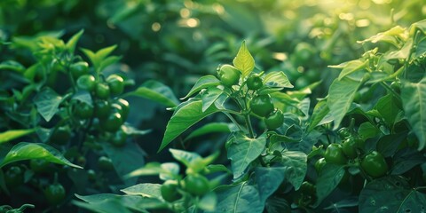 Wall Mural - Unripe green peppers are not ready for picking yet.