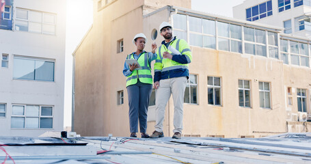 Poster - Business people, electrician and discussion with tablet on rooftop for building maintenance or installation in city. Contractor, electrical engineer or technicians with technology for inspection