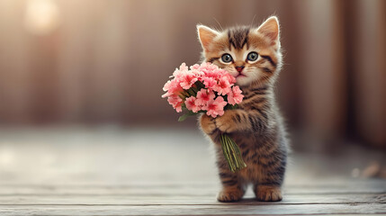 Wall Mural - A cute tabby kitten holding a bouquet of pink flowers with a soft, blurred background.