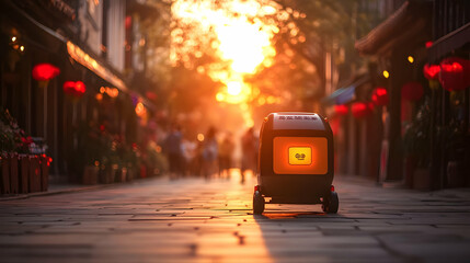 A delivery robot drives down a cobblestone street in a city at sunset.